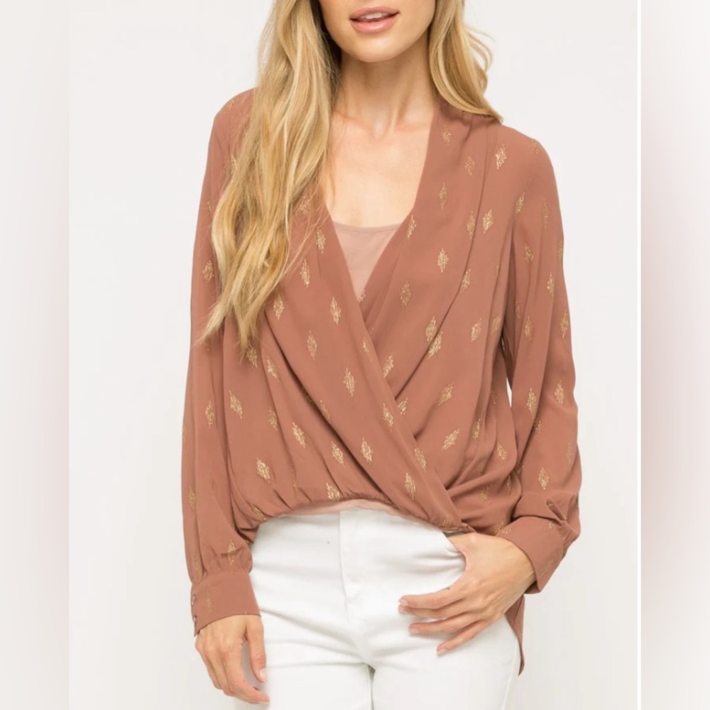 NWT Mauve Blouse with Gold lurex detail Long Sleeve Semi Sheer Mystree
